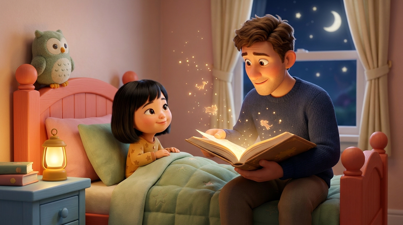 A father reading a glowing bedtime story to his child