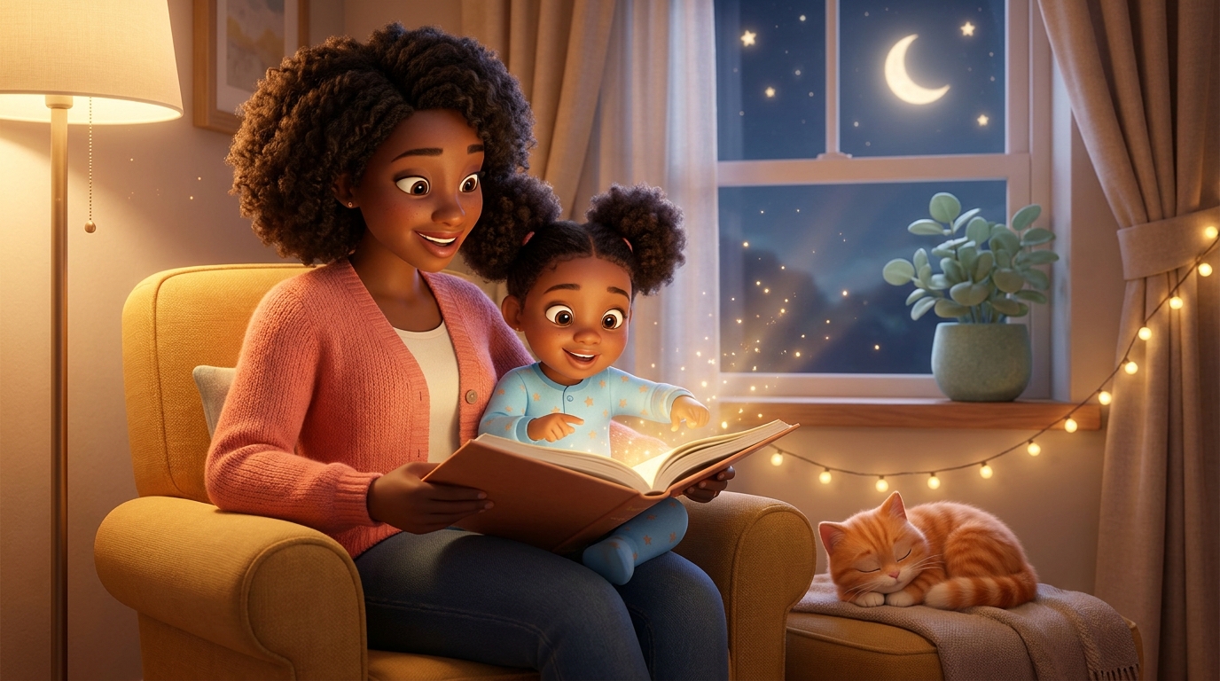 A parent reading a glowing personalized storybook to her child